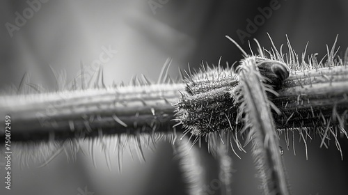a black and white photo of a plant's spiky, long, thin, spiky needles.