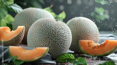 a group of melons sitting on top of a table next to watermelon slices and a leafy green plant. photo