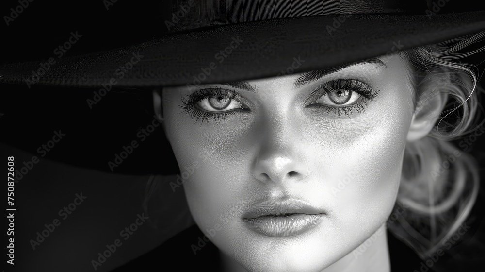 a black and white photo of a woman wearing a black hat with her eyes wide open and her hair blowing in the wind. a black and white photo of a woman wearing a black hat with her eyes wide open and her hair blowing in the wind.