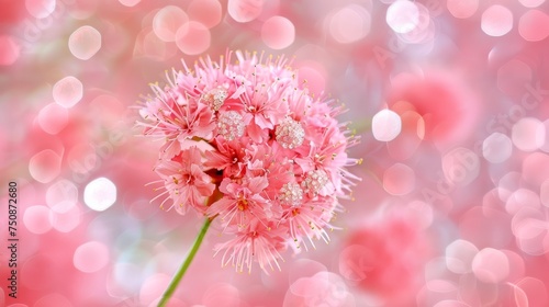 a close up of a pink flower on a pink background with blurry boke of lights in the background.