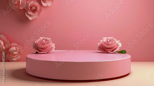 Modern empty round pink empty podium for cosmetic or product on pale pink background. Stand with artificial flower roses. Gradient wall  stage studio. Advertisement  3d  blurred shadow. Copy space.