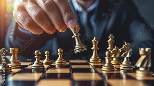 Hand moving chess piece on a chessboard game - A strategic move being made in a thoughtful game of chess with focus on the hand and chess piece