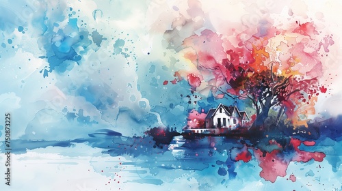 Abstract colorful watercolor painting of landscape with a house on a   shore of a lake,  watercolor painting. Digital art painting. Ai generative. © viking75