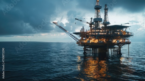 an offshore wellhead platform with an emphasis on the connection to power generation and the petrochemical industry, highlighting the role it plays in supplying energy and essential materials.
