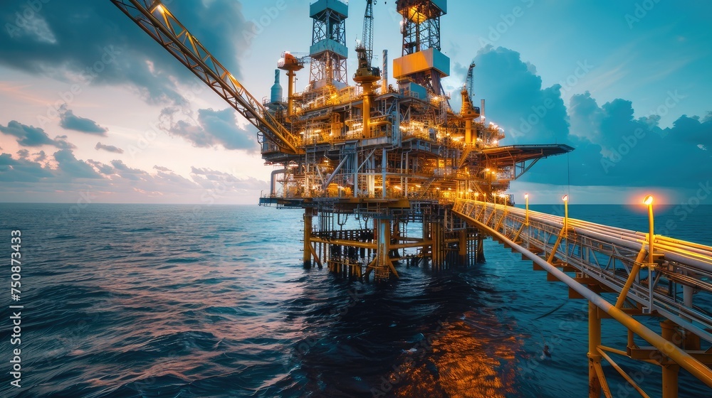 an offshore wellhead platform with an emphasis on the connection to power generation and the petrochemical industry, highlighting the role it plays in supplying energy and essential materials.