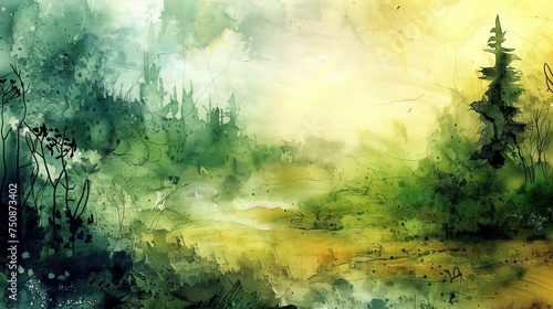 Abstract forest watercolor painting. Digital art painting. Green and yellow colors. AI generative. © viking75
