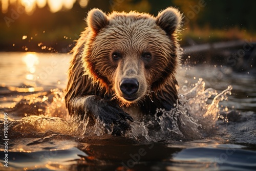 Skillful brown bear fishing at dusk., generative IA