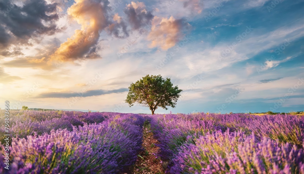 Naklejka premium Stunning lavender field landscape Summer sunset with single tree