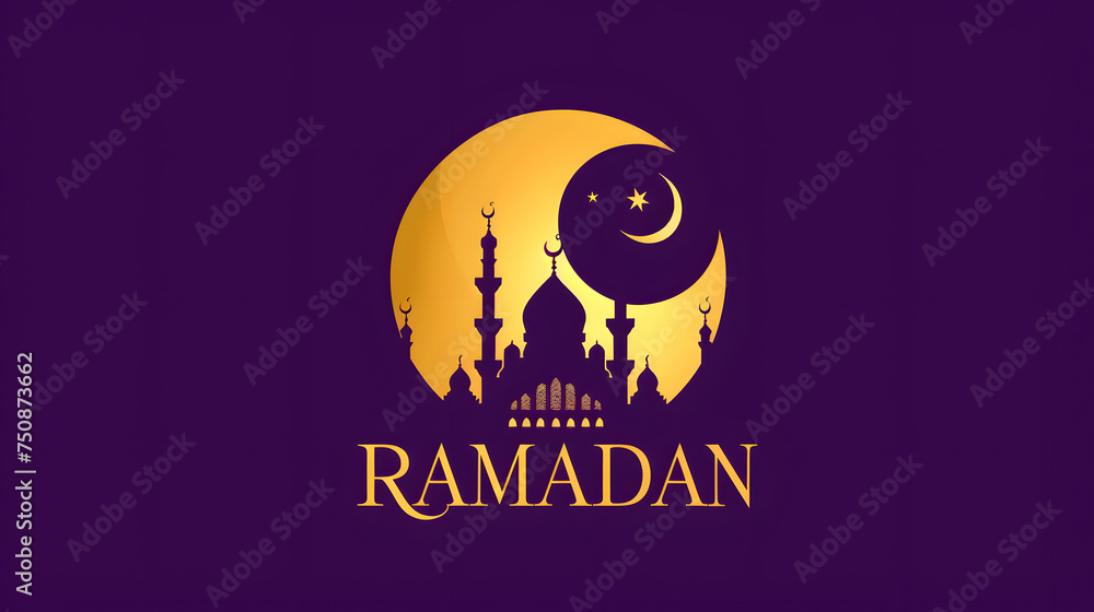 Majestic Ramadan Mosque Silhouette with Golden Moon. Graphic illustration