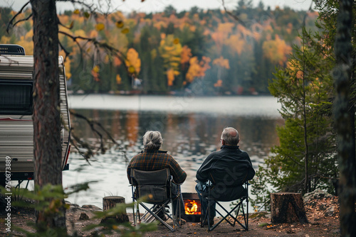 Travel.adult elderly married couple with dog relaxing near a fire near their camper in the woods near a lake,travelling vanlife,camper van,wildlife, trailer traveler, glamping, travel trip road