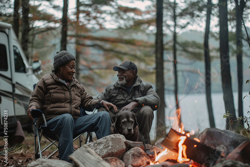 Travel.adult elderly married couple with dog relaxing near a fire near their camper in the woods near a lake,travelling vanlife,camper van,wildlife, trailer traveler, glamping, travel trip road