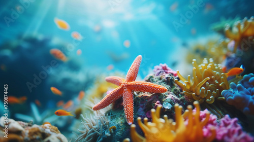 Tropical coral reef scenery. Seascape. Sea. colorful soft coral with orange fishes and ocean starfish. Sun under the sea. ai-generated