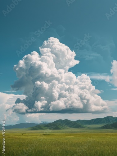 large cloud sitting in the middle of a grassy field with blue sky, himalayan art, northern china's terrain