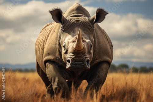Rhino observes elephants in the scene of coexistence., generative IA