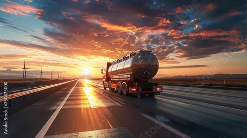 petrol cargo truck on a highway during a sunny summer evening, highlighting the warm tones and emphasizing the concept of fuel delivery and transportation logistics.