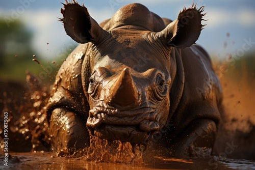 Refreshing rhino in mud bath under the African sun., generative IA