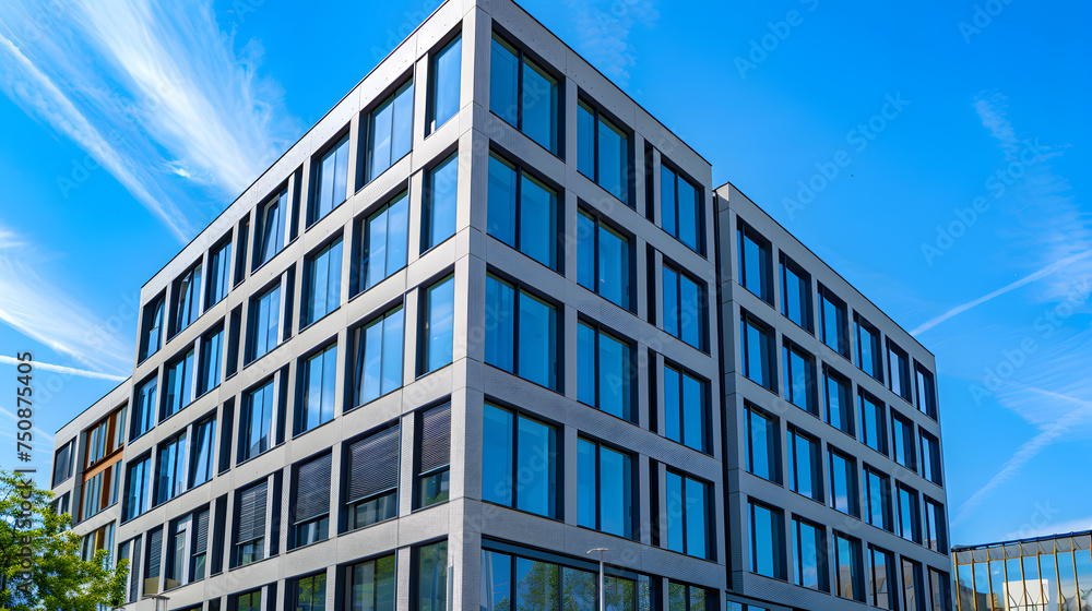 Modern Office Building: A Sleek Architectural Marvel Against a Serene Blue Sky Backdrop