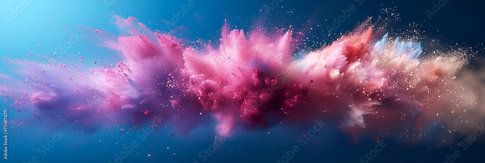 Fototapeta premium Holi background, colored powder on dark background with empty space for design. Banner.
