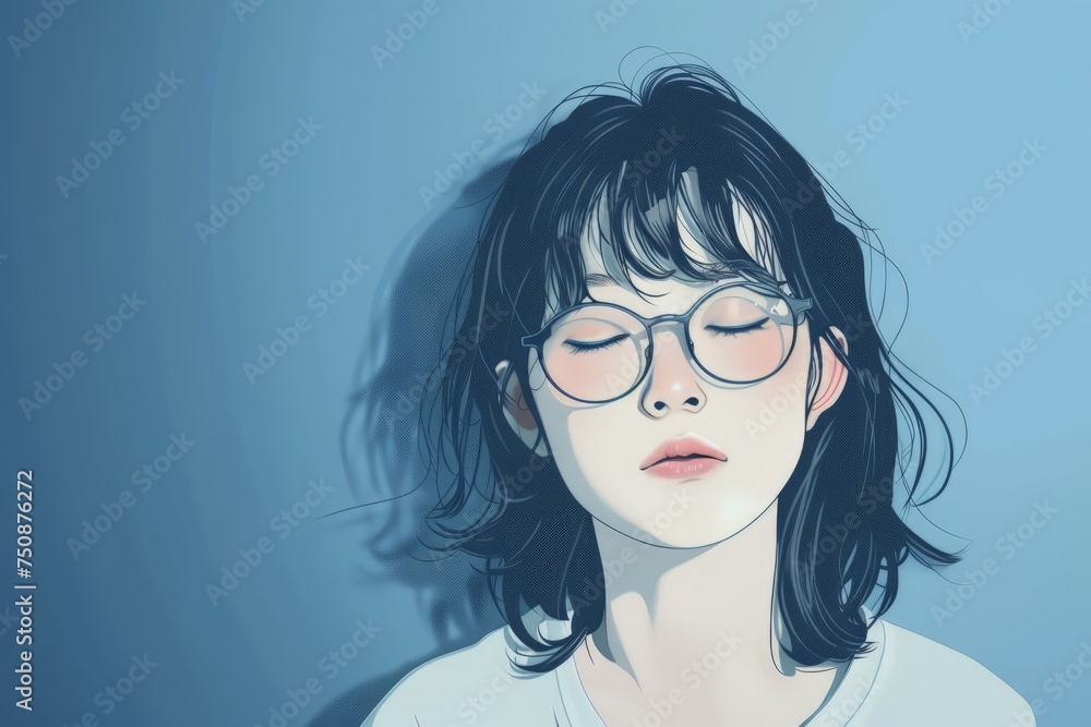A detailed drawing of a woman wearing glasses and a t-shirt. The woman is depicted in a realistic style, showcasing her features and clothing.