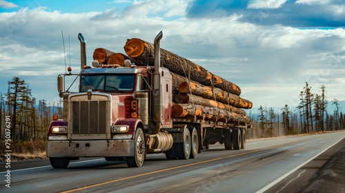 A large American truck carrying long cut logs along the road