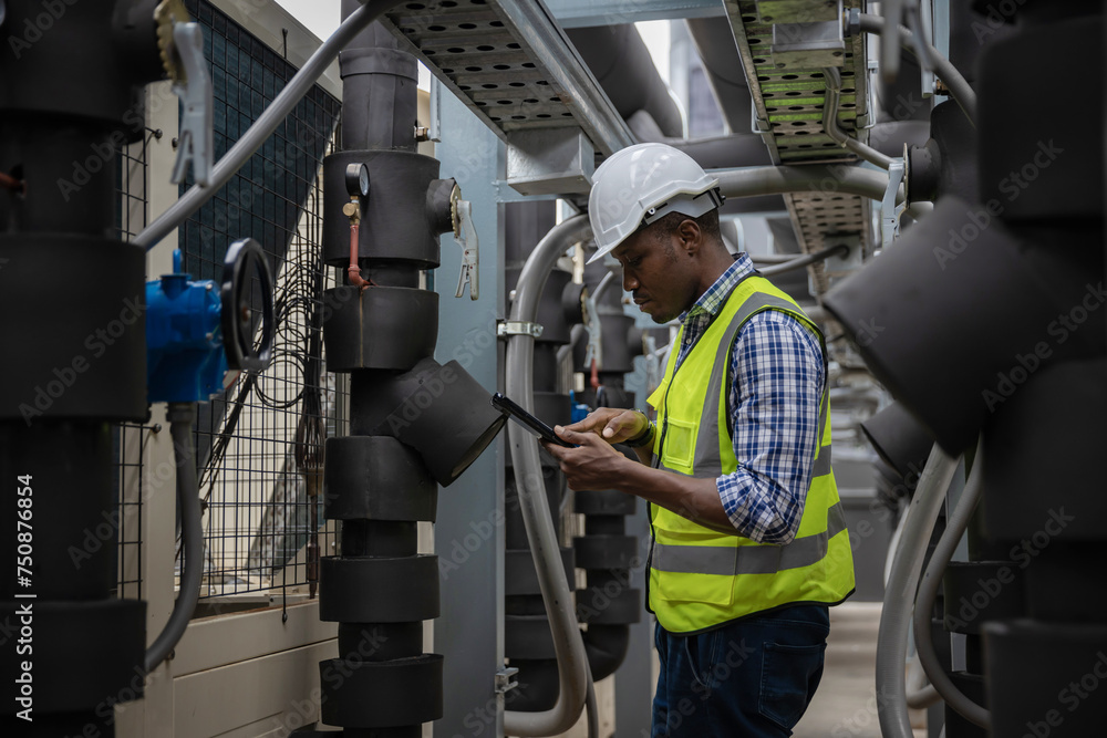 Fototapeta premium Industrial engineer work on site. engineer visit and inspection site engineer at industrial site. Inspector engineer check and working on site