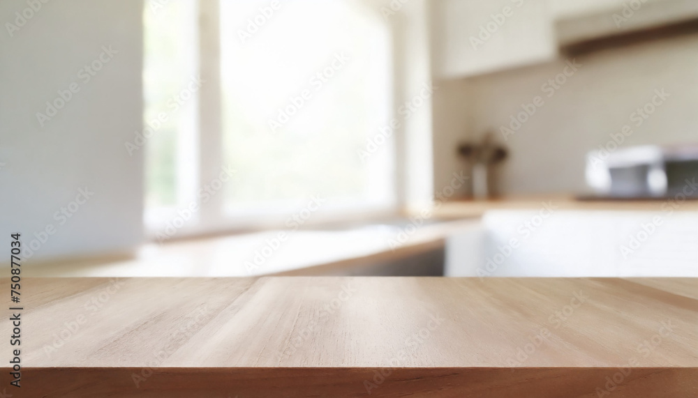 Grunge natural wooden table top with copy space for product advertising over blurred kitchen background at home
