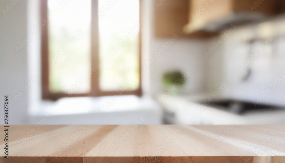 Grunge natural wooden table top with copy space for product advertising over blurred kitchen background at home
