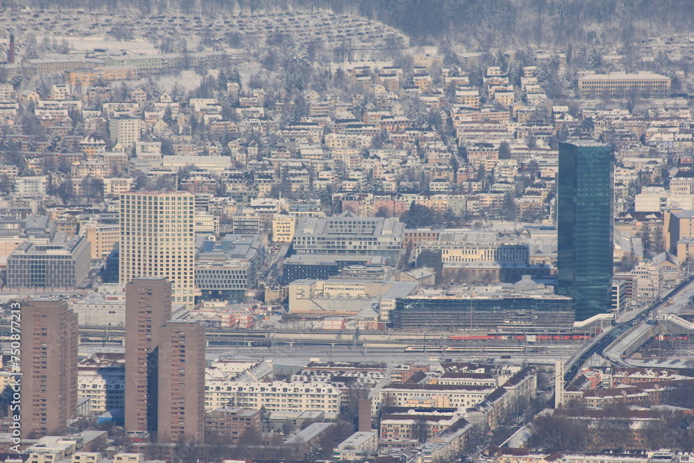 aerial view of wintry Zurich