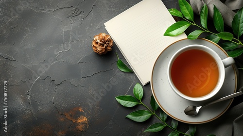 Overhead Shot of Tea Cup, Foliage, Notepad, and Acorns on Stone Background
