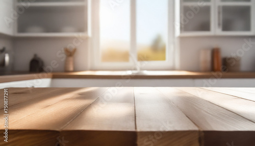 Modern empty wooden table or white color furniture with kitchen island, blurred bokeh kitchen room interior background. For display of assembly products.
