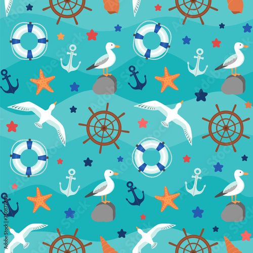 Marine seamless pattern nautical objects on turquoise background. Summer repeat design Coastal life sea motifs - seagull, starfish, life belt, anchor, helm. Cartoon waves turquoise teal blue backdrop.