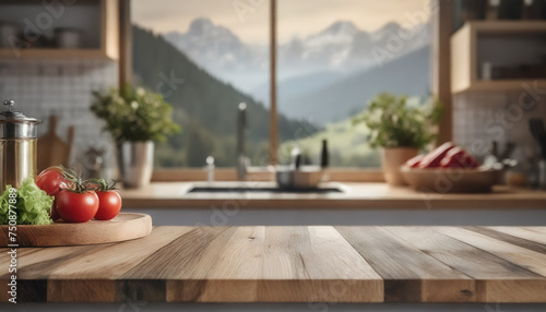 Modern empty wooden countertop with kitchen island, blurred bokeh kitchen room interior background with window with nature view. For display of assembly products, space for text 