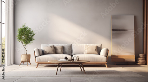 A modern living room with a grey sofa, minimalistic furniture, and a white shag rug