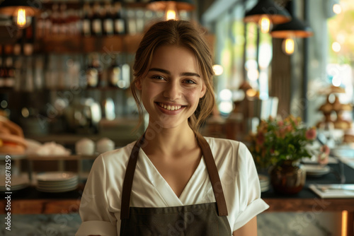 female waiter. beautiful smiling woman working as a waitress in a restaurant. cafe in the background