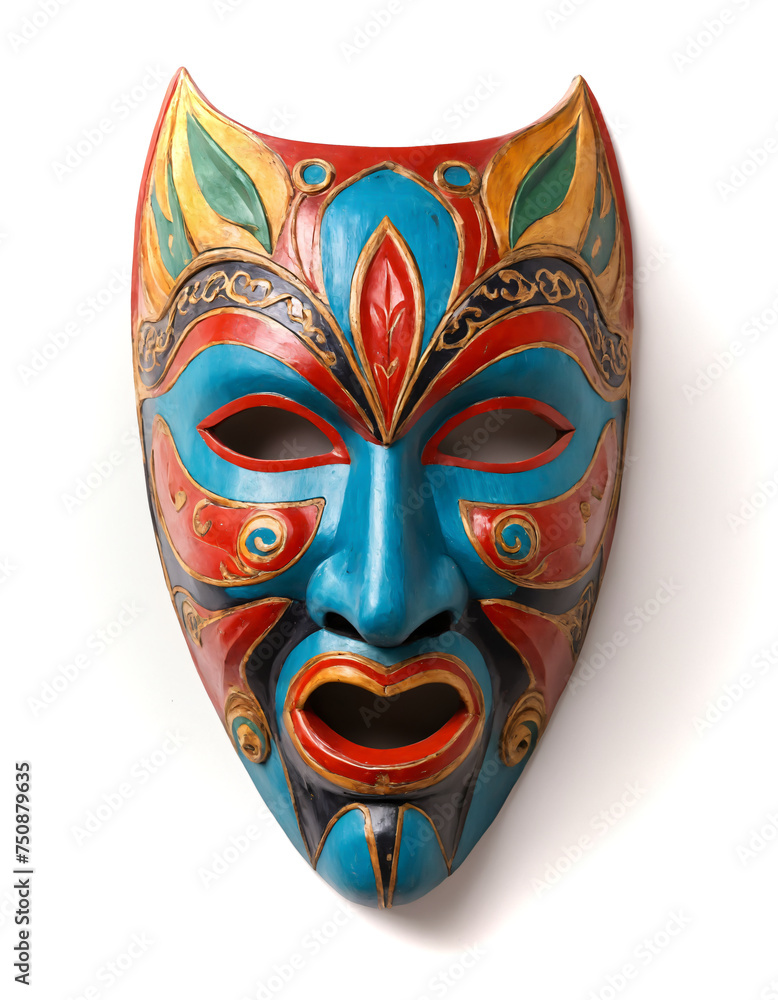 Traditional carved painted wooden mask isolated on white background