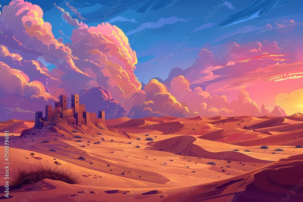 Desert with fantastic cartoon background a - obrazy, fototapety, plakaty 