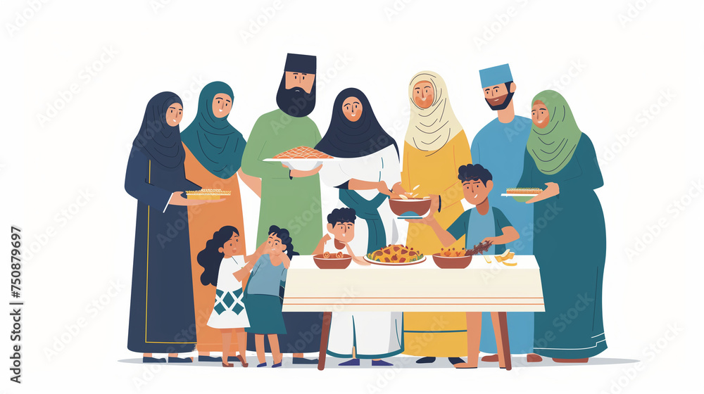 Flat illustration of muslim family celebrating Eid al-Fitr with food and decorations. Flat illustration of muslim family celebrating Eid al-Fitr with food and decorations.