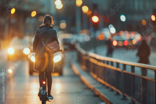 pretty businesswoman in a suit and a backpack rides an e-scooter over a bridge, slightly blurry vehicles drive past her, you can just make out the lights, as it is a scene in the late afternoon