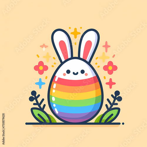 Happy easter day. A cartoon easter egg rabbit with a rainbow in the background. Children's design.