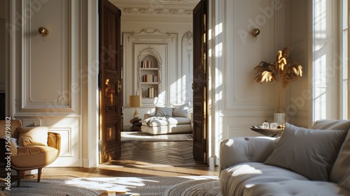 Warm sunlight filters through an elegant living room, inviting and serene