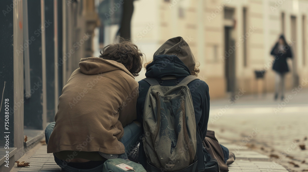 Two homeless people are sitting on the ground with their backs to the camera.AI.