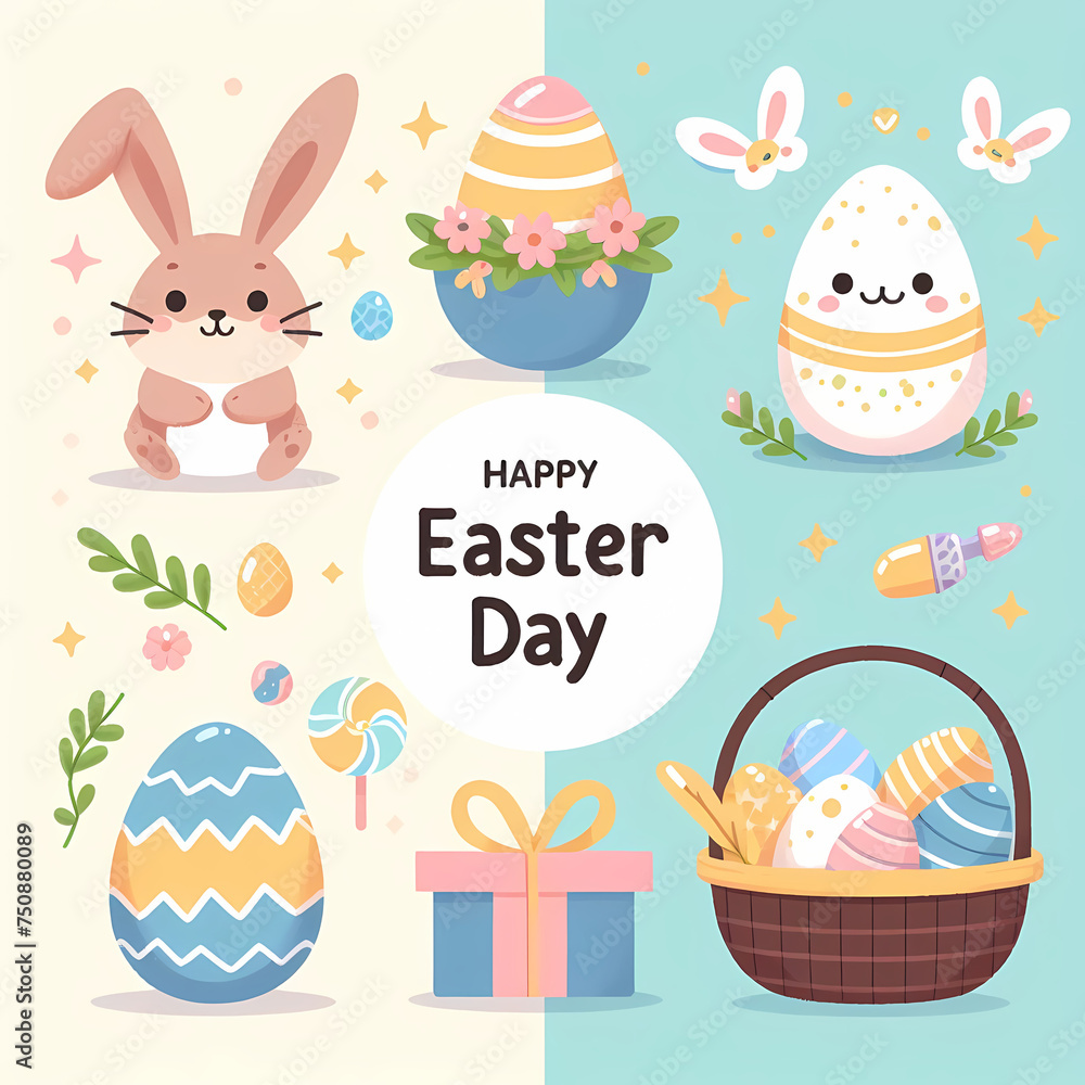 Children's design of an Easter bunny and chick with a breed and Easter eggs. Easter day Children's design of an Easter bunny and chick with a breed and Easter eggs. Easter day