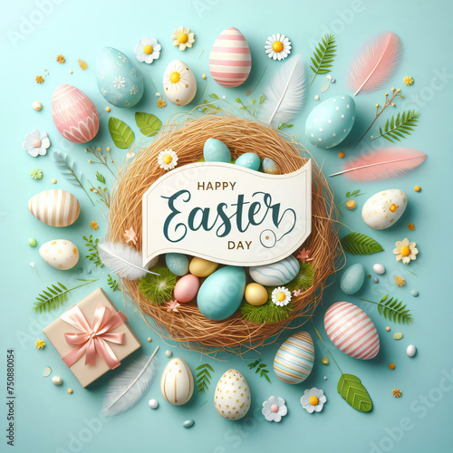Happy Easter day. Easter eggs and flowers on a blue background with a happy easter card