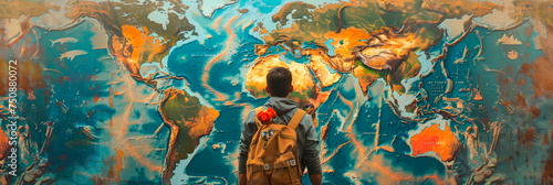Dynamic image of a traveler exploring a world map filled with different objects, awakening wanderlust