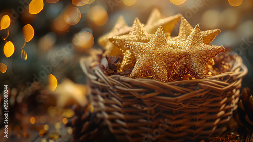 A fabulous basket with shining stars with bokeh