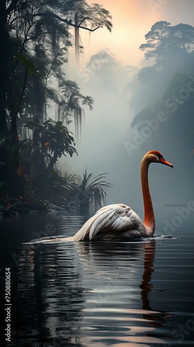 A tranquil pond with swans swimming