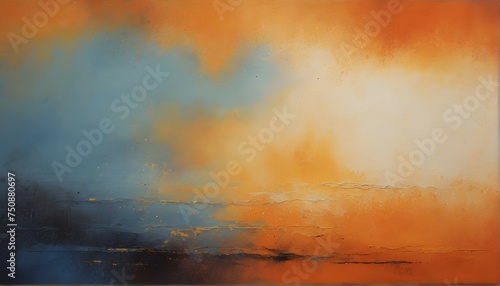 "A vibrant sunset of orange, yellow, and blue hues, set against a grainy, noise-filled background. The grungy spray texture adds a touch of edginess to the scene.