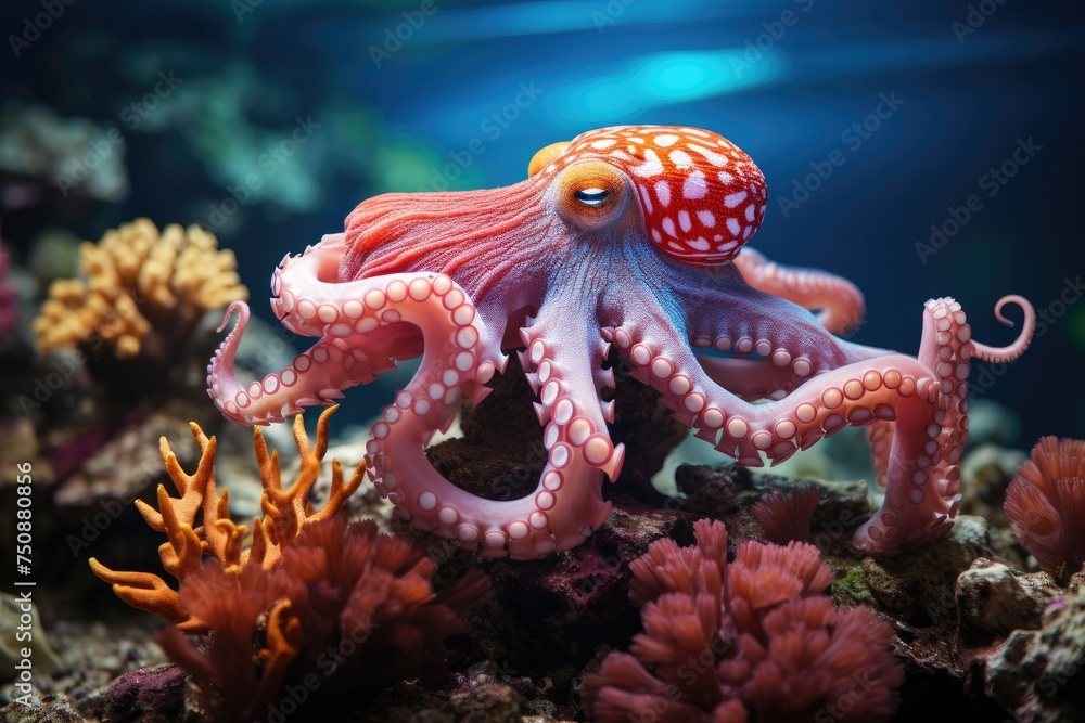 Octopus dances between fish and crustaceans in Recife., generative IA Octopus dances between fish and crustaceans in Recife., generative IA
