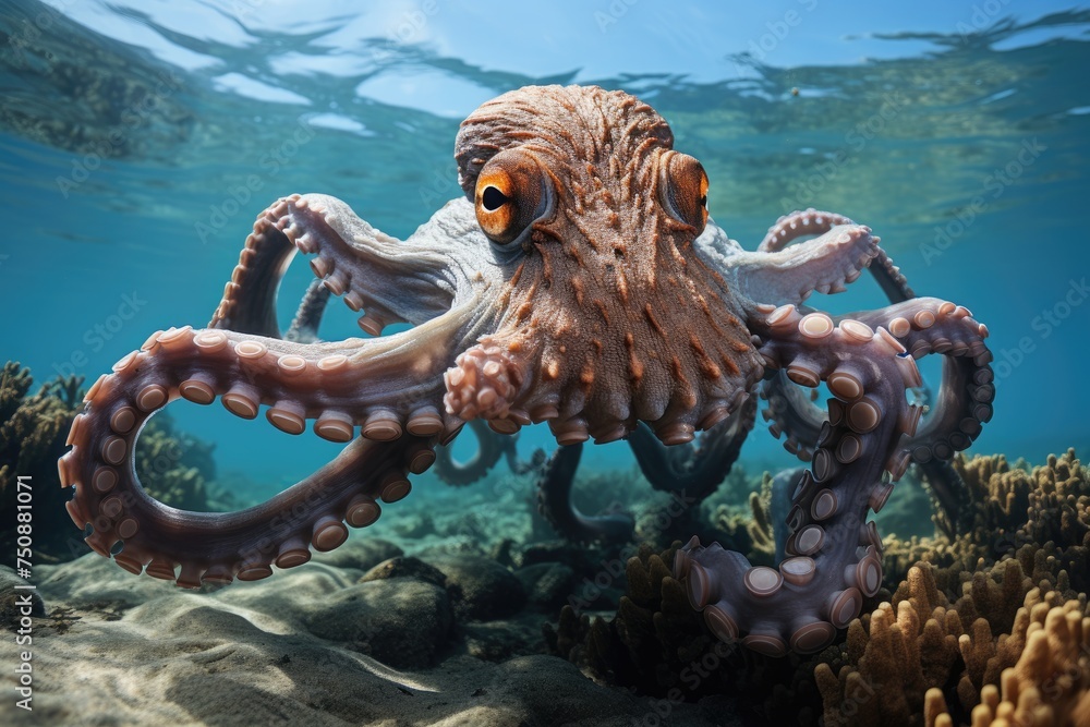 Camouflaged octopus avoids cavity sharks., generative IA - obrazy, fototapety, plakaty 