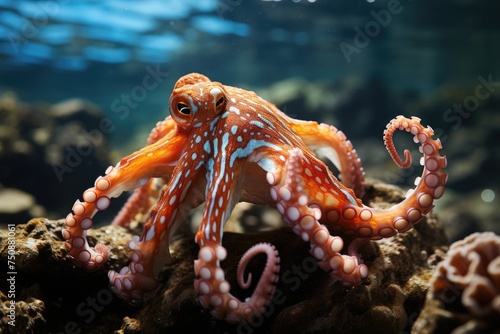 Agile octopus navigates between corals and stones., generative IA © JONATAS